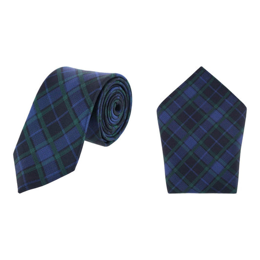 Ives Green and Navy Blackwatch Plaid Necktie and Pocket Square Bundle