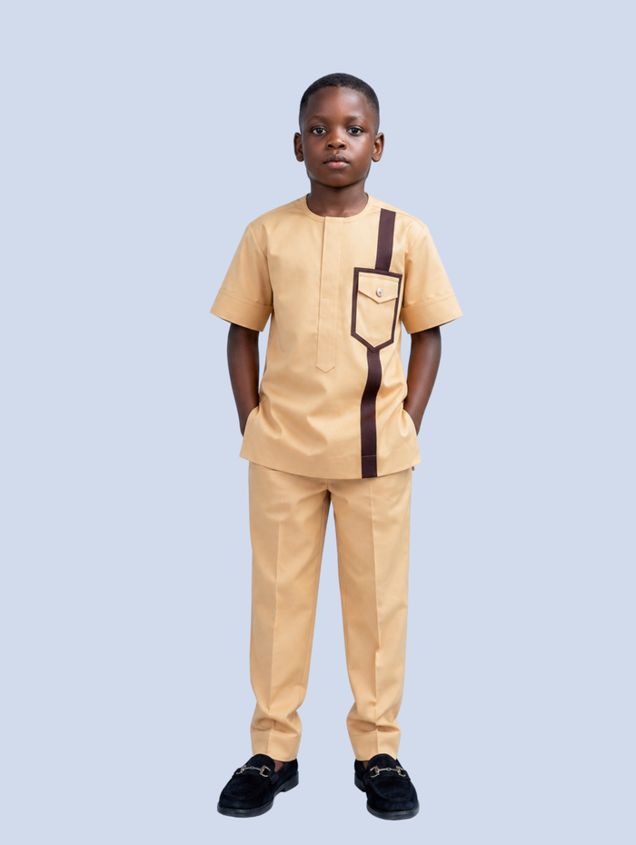 Kafor Boys African-Senator Co-ord Set in Biege and Brown Print