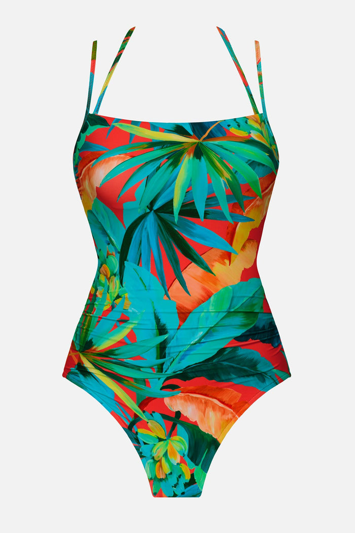 Bright multicolored palm leaf printed one-piece swimsuit with double straps