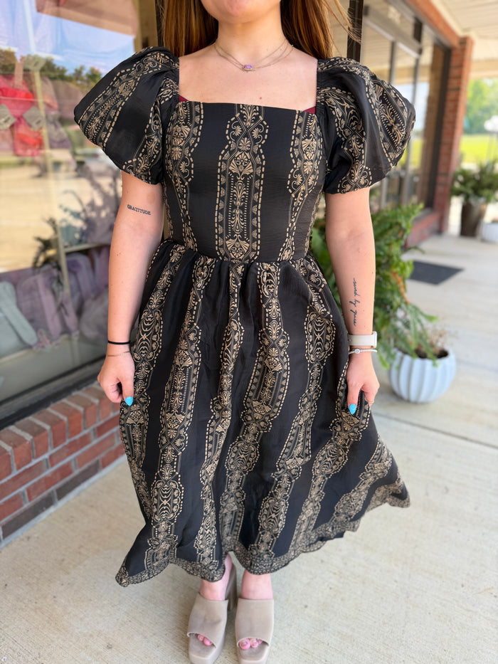 Kate Black and Taupe Woven Midi Dress