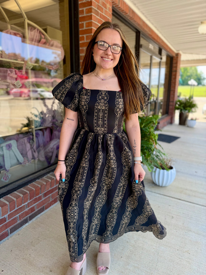 Kate Black and Taupe Woven Midi Dress