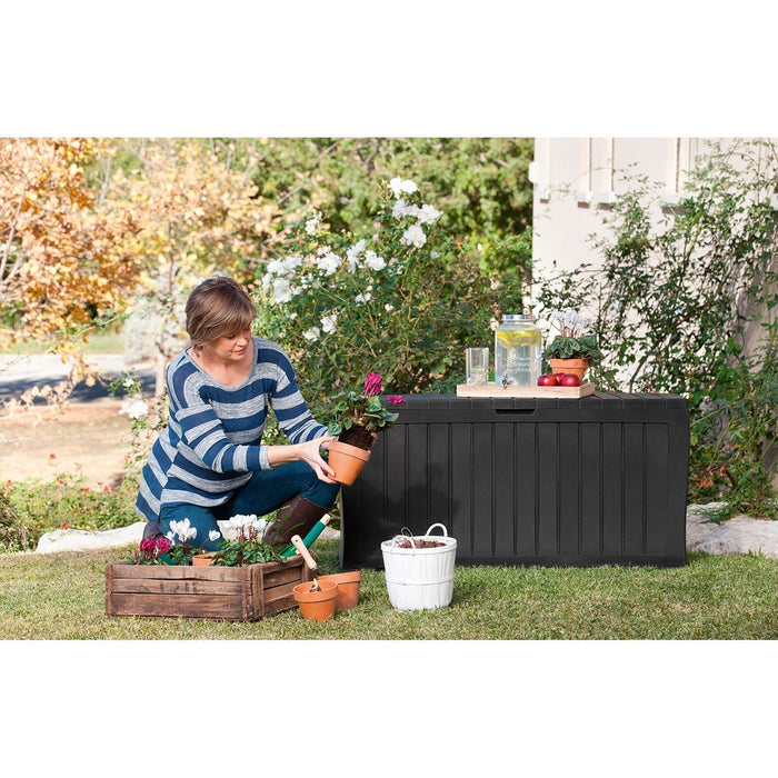 Keter Marvel Plus 270L Garden Storage Box Chest Waterproof Weather Resistant Wheels Handles Lockable Sturdy Graphite Dark Grey