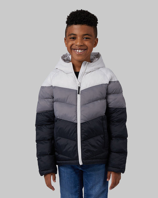 32 Degrees Lunar Rock/Smoke/Black _ Kids' Hooded Puffer Jacket {model: Justin is 50", wearing size S}{bottom}{right} {bottom}{right}