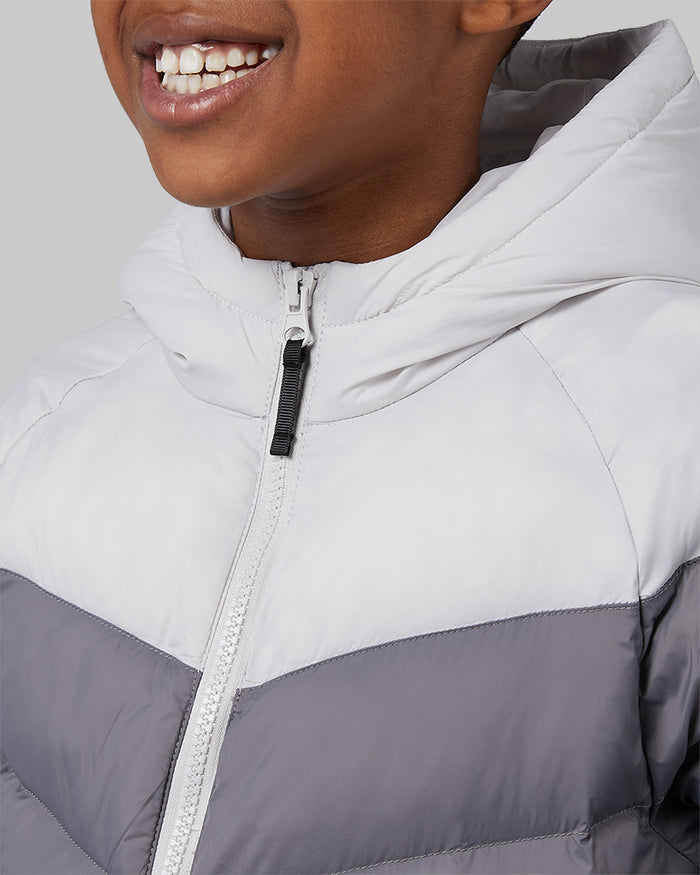 32 Degrees Lunar Rock/Smoke/Black _ Kids' Hooded Puffer Jacket {model: Justin is 50", wearing size S}{bottom}{right} {bottom}{right}