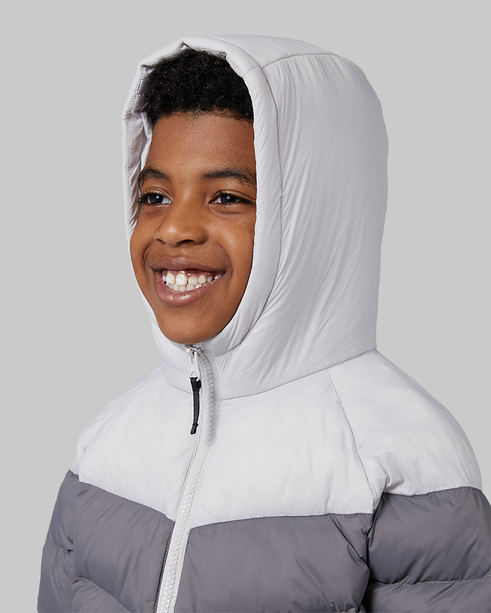32 Degrees Lunar Rock/Smoke/Black _ Kids' Hooded Puffer Jacket {model: Justin is 50", wearing size S}{bottom}{right} {bottom}{right}