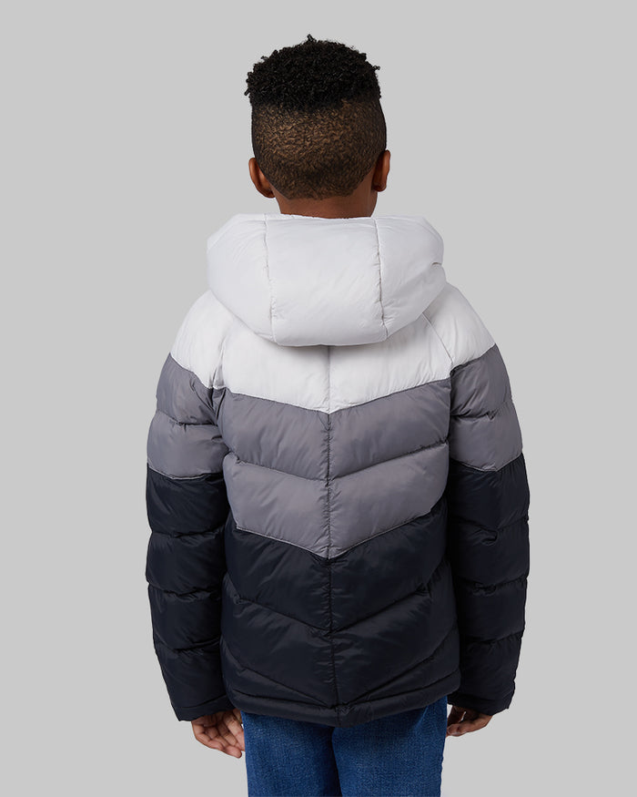 32 Degrees Lunar Rock/Smoke/Black _ Kids' Hooded Puffer Jacket {model: Justin is 50", wearing size S}{bottom}{right} {bottom}{right}