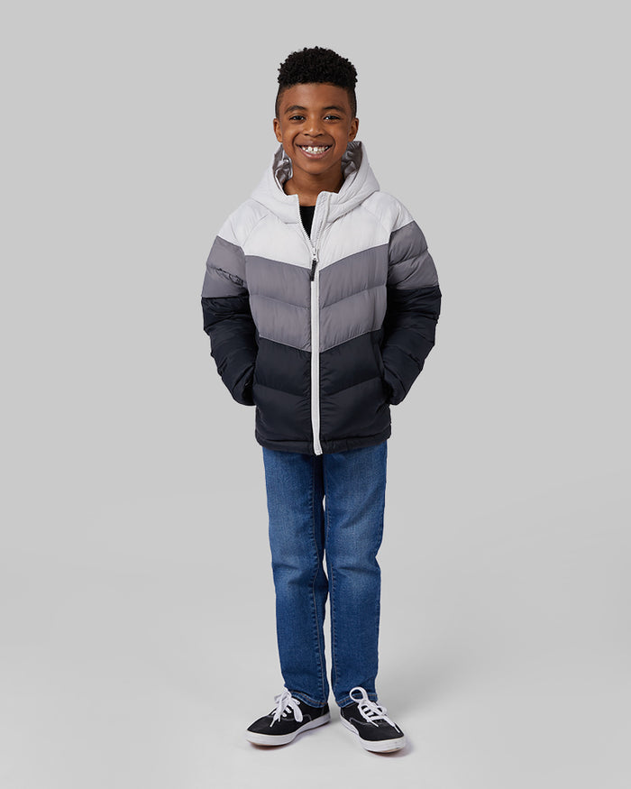 32 Degrees Lunar Rock/Smoke/Black _ Kids' Hooded Puffer Jacket {model: Justin is 50", wearing size S}{bottom}{right} {bottom}{right}
