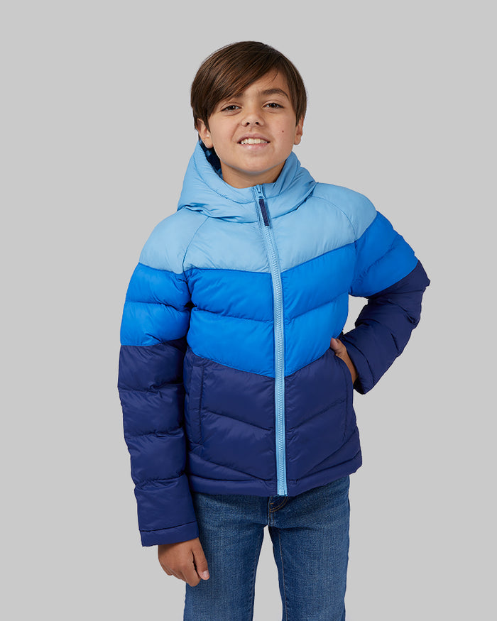 32 Degrees Heritage Blue/Nebulas Blue/Beacon Blue _ Kids' Hooded Puffer Jacket {model: Miles is 53", wearing size S}{bottom}{right} {bottom}{right}
