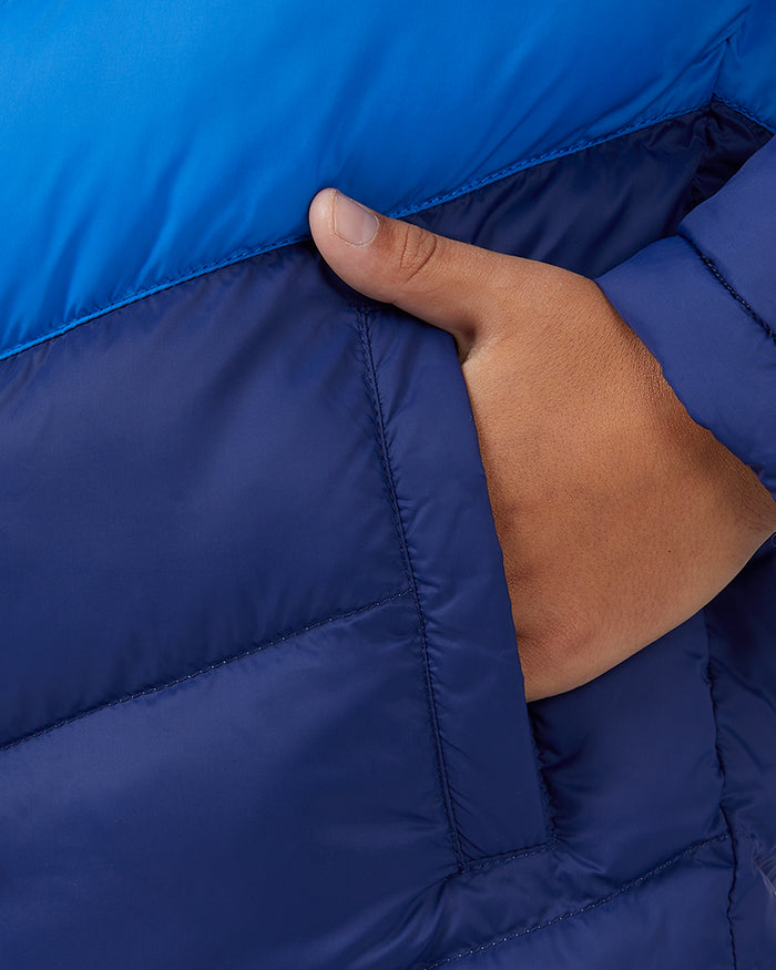 32 Degrees Heritage Blue/Nebulas Blue/Beacon Blue _ Kids' Hooded Puffer Jacket {model: Miles is 53", wearing size S}{bottom}{right} {bottom}{right}