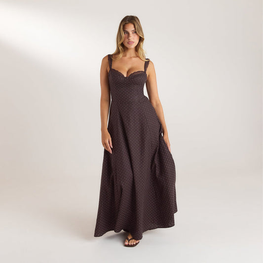 Lace Trim Maxi Dress - Chocolate Polka Dot