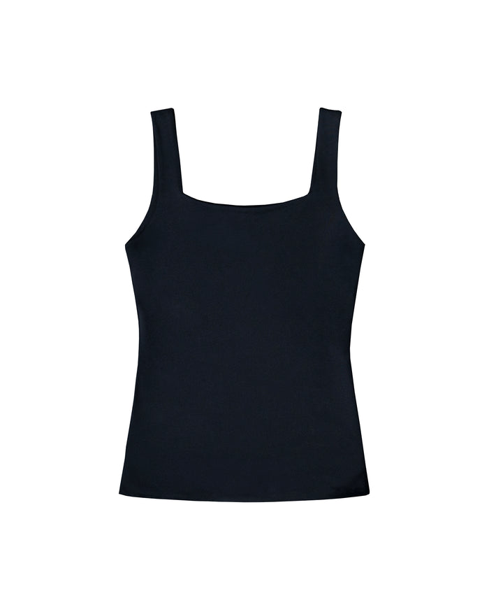 A black ribbed tank top with a square neckline and wide shoulder straps, shown flat against a solid white background.