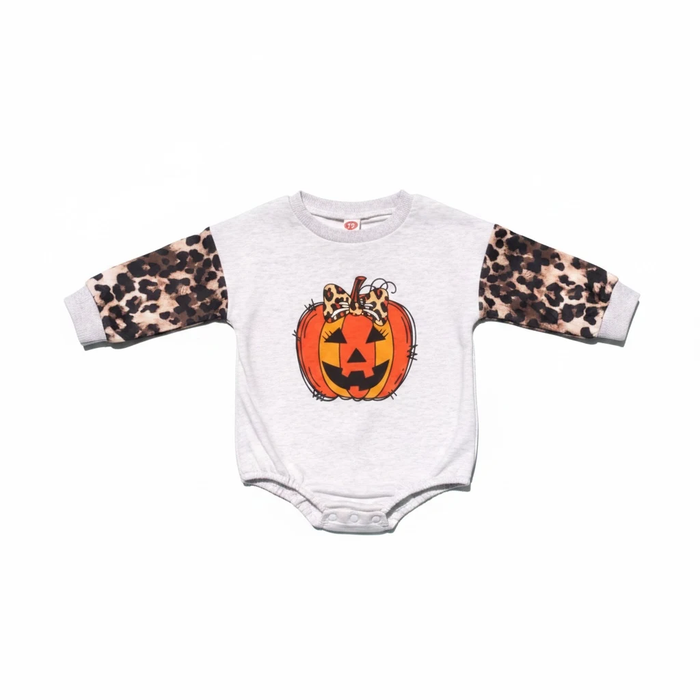 Leopard Long Sleeve Jack O Lantern Bubble Bodysuit for Girls