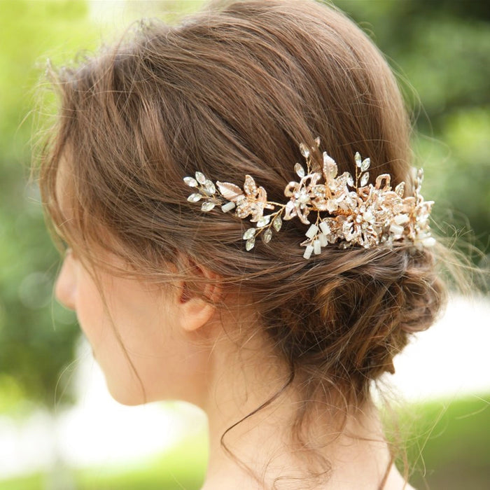 Luxury Blush Gold Leaf & Pearl Brides Headpiece - The Wedding Garter