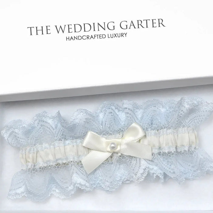 Melody Ivory Satin and Blue Lace Trim Bridal Garter - The Wedding Garter