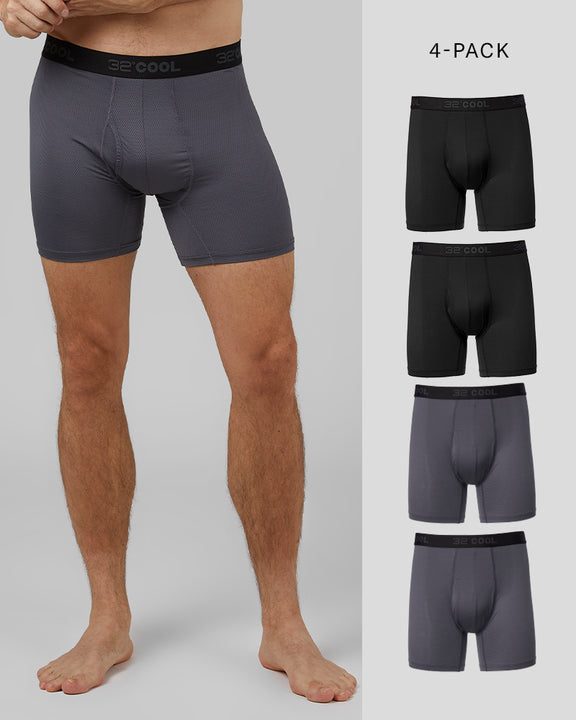 32 Degrees 2 Black / 2 Charcoal  _ Men's 4-Pack Active Mesh Boxer Brief {model: Leo is 6'1", wearing size M}{bottom}{right} {bottom}{right}