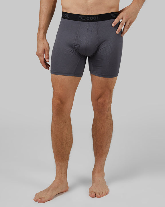 32 Degrees Charcoal _ Men's 4-Pack Active Mesh Boxer Brief {model: Leo is 6'1", wearing size M}{bottom}{right} {bottom}{right}