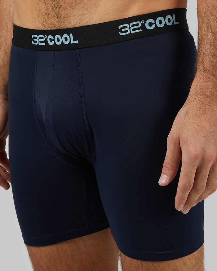 32 Degrees Navy _ Men's 4-Pack Cool Boxer Brief {model: Fran is 6'2", wearing size M}{bottom}{right} {bottom}{right}