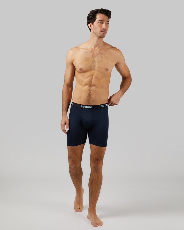 32 Degrees Navy _ Men's 4-Pack Cool Boxer Brief {model: Fran is 6'2", wearing size M}{bottom}{right} {bottom}{right}