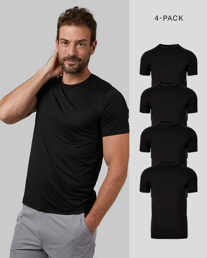 32 Degrees Black _ Men's 4PK Cool Crew Neck Tee {model: Cedric is 6'1.5", wearing size M}{bottom}{right}{bottom}{right}