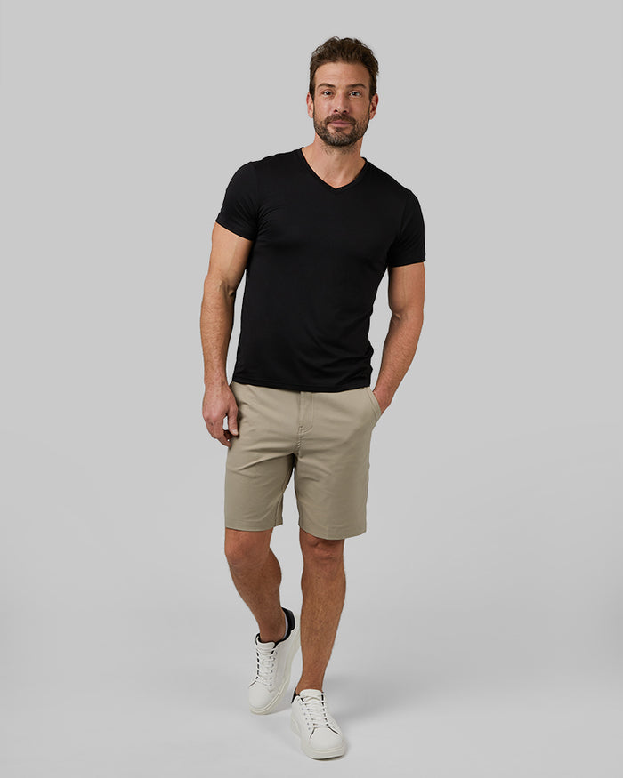32 Degrees Black _ Men's 4PK Cool Classic Vneck T-Shirt {model: Cedric is 6'1.5", wearing size M}{bottom}{right}{bottom}{right}