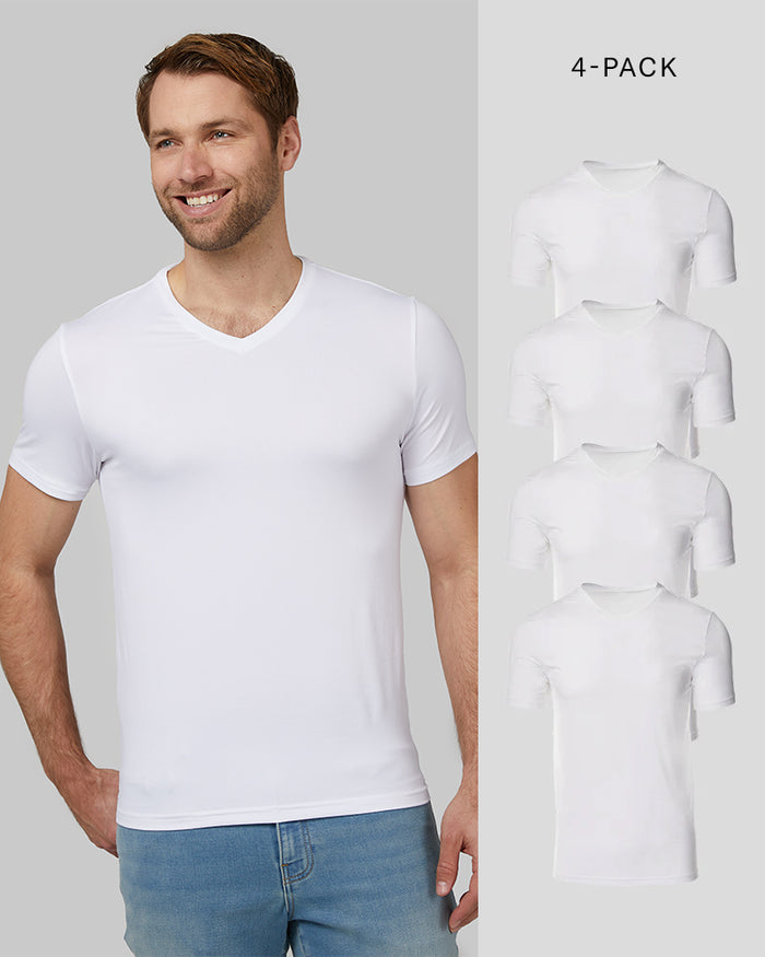 32 Degrees White _ Men's 4PK Cool Vneck T-Shirt {model:Kacey is 6'2", wearing size M}{bottom}{right}
