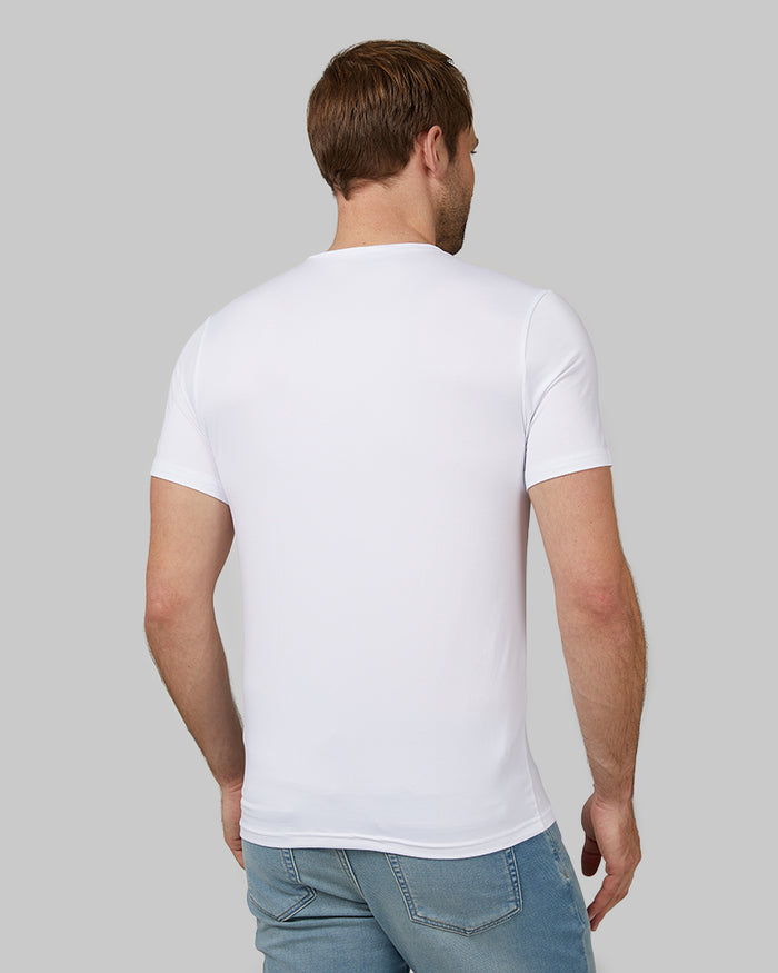 32 Degrees White _ Men's 4PK Cool Vneck T-Shirt {model:Kacey is 6'2", wearing size M}{bottom}{right}