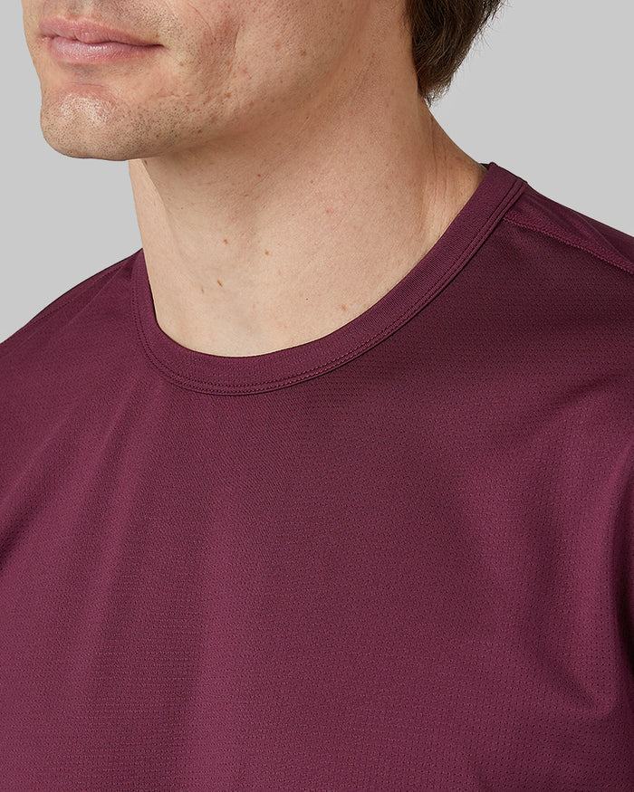 32 Degrees Pomegranate _ Men's Active Performance T-shirt {model: Michael is 6'0", wearing size M}{bottom}{right} {bottom}{right}