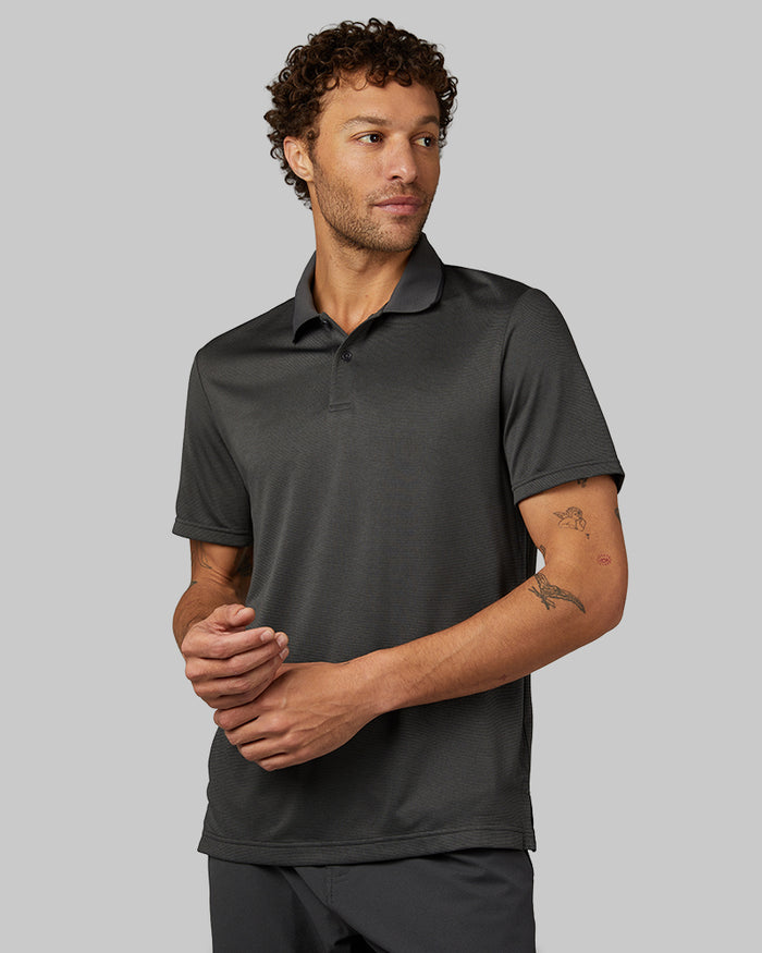 32 Degrees Dim Grey_ Men's Air Luxe Polo {model: Miguel is 6'2", wearing size M}{bottom}{right} {bottom}{right}