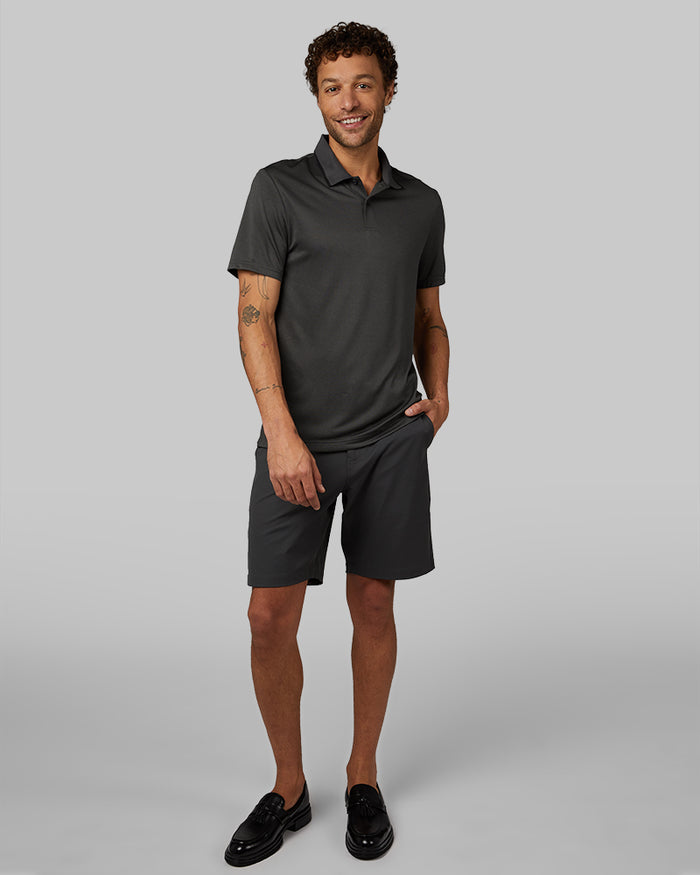 32 Degrees Dim Grey_ Men's Air Luxe Polo {model: Miguel is 6'2", wearing size M}{bottom}{right} {bottom}{right}