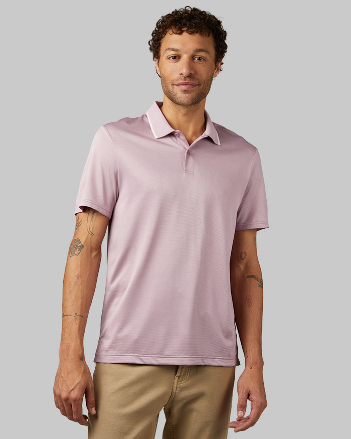 32 Degrees Elderberry_ Men's Air Luxe Polo {model: Miguel is 6'2", wearing size M}{bottom}{right} {bottom}{right}