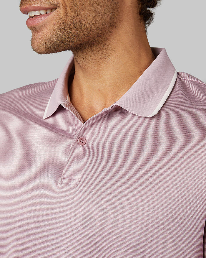 32 Degrees Elderberry_ Men's Air Luxe Polo {model: Miguel is 6'2", wearing size M}{bottom}{right} {bottom}{right}
