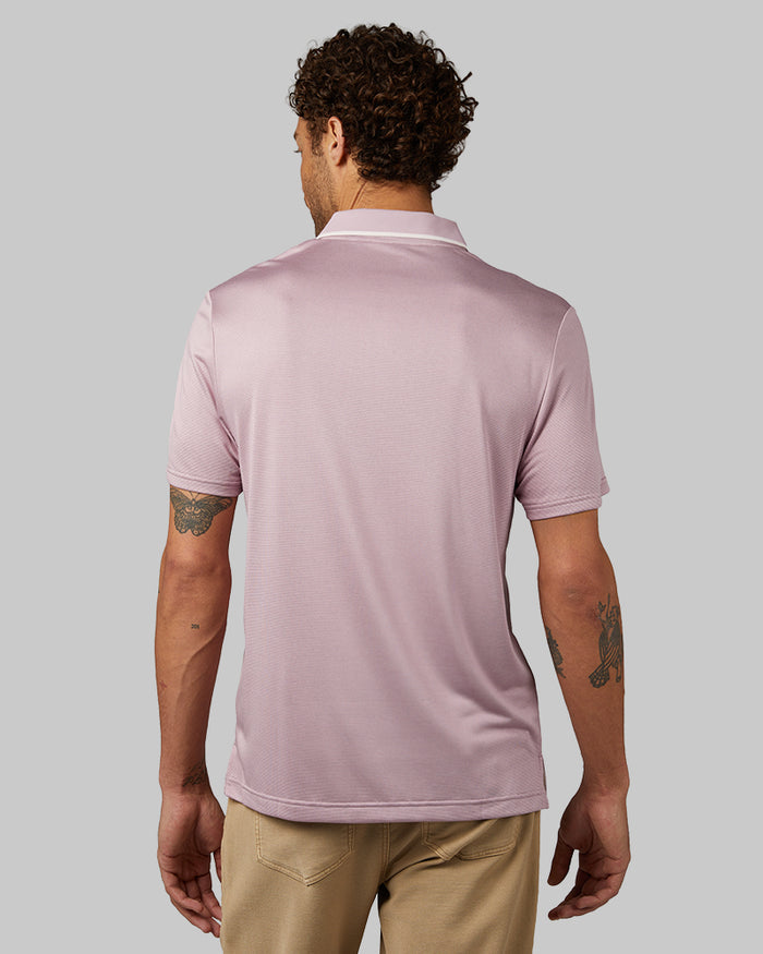 32 Degrees Elderberry_ Men's Air Luxe Polo {model: Miguel is 6'2", wearing size M}{bottom}{right} {bottom}{right}
