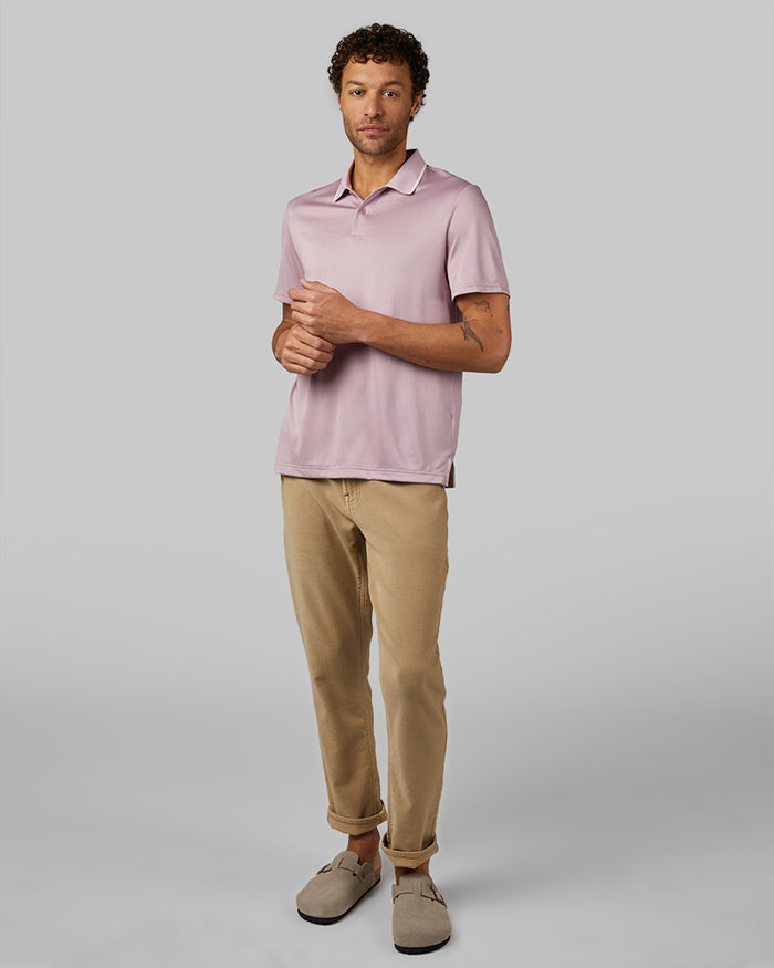 32 Degrees Elderberry_ Men's Air Luxe Polo {model: Miguel is 6'2", wearing size M}{bottom}{right} {bottom}{right}