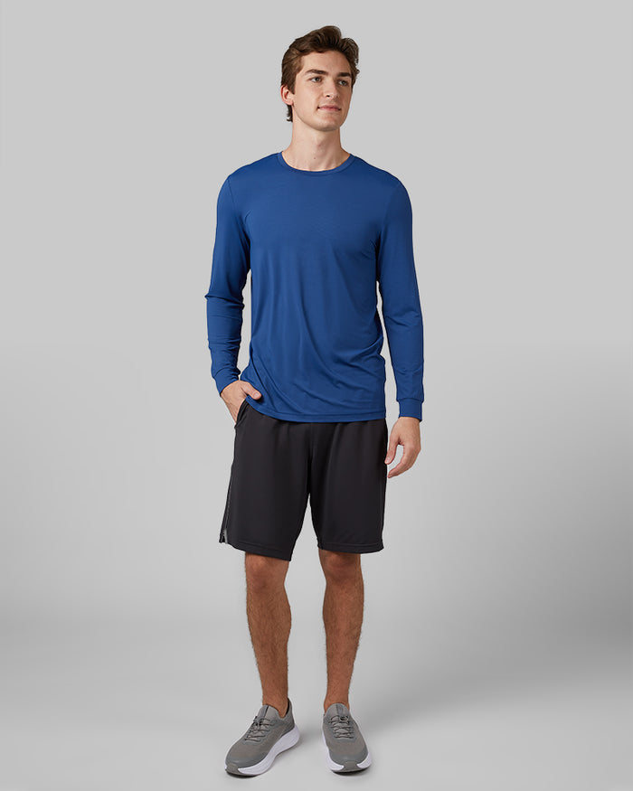 32 Degrees Blueberry _ Men's Air Mesh Long sleeve T-shirt {model: Trevor is 6'1", wearing size M}{bottom}{right} {bottom}{right}