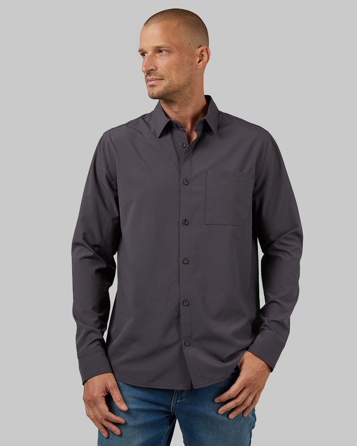 32 Degrees Iron _ Men's Stretch Woven Long Sleeve Button-Up {model: Dennis is 6'1", wearing size M}{bottom}{right} {bottom}{right}