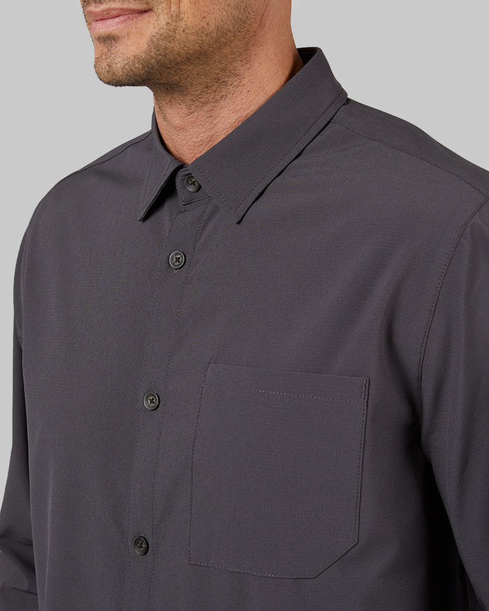 32 Degrees Iron _ Men's Stretch Woven Long Sleeve Button-Up {model: Dennis is 6'1", wearing size M}{bottom}{right} {bottom}{right}