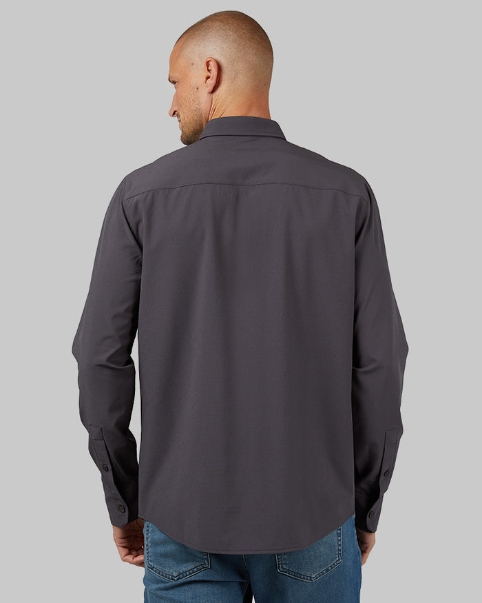 32 Degrees Iron _ Men's Stretch Woven Long Sleeve Button-Up {model: Dennis is 6'1", wearing size M}{bottom}{right} {bottom}{right}