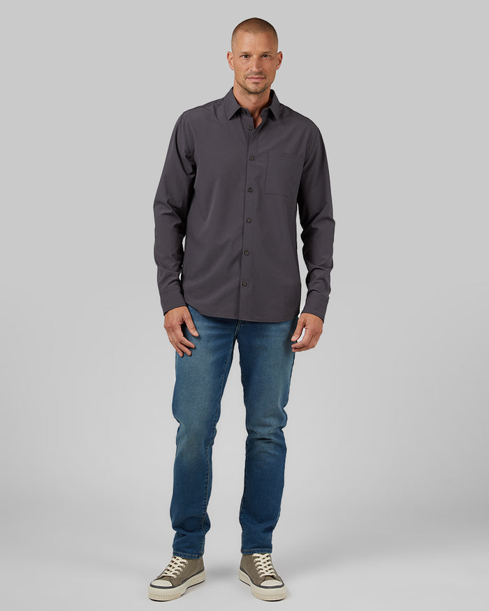 32 Degrees Iron _ Men's Stretch Woven Long Sleeve Button-Up {model: Dennis is 6'1", wearing size M}{bottom}{right} {bottom}{right}