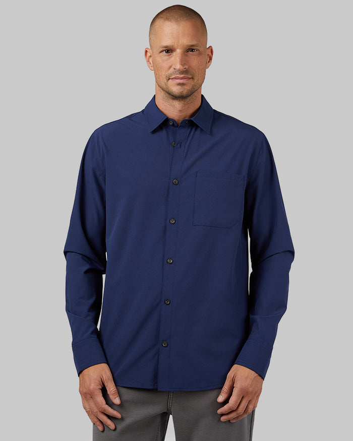 32 Degrees Navy Night _ Men's Stretch Woven Long Sleeve Button-Up {model: Dennis is 6'1", wearing size M}{bottom}{right} {bottom}{right}