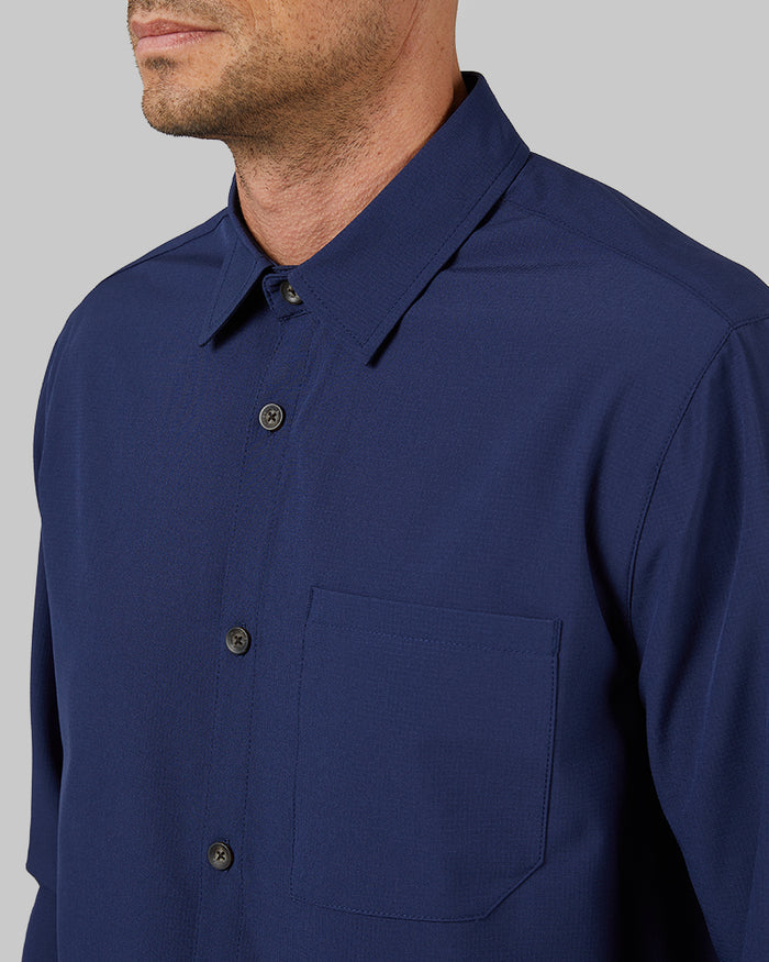 32 Degrees Navy Night _ Men's Stretch Woven Long Sleeve Button-Up {model: Dennis is 6'1", wearing size M}{bottom}{right} {bottom}{right}