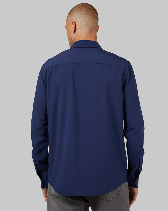 32 Degrees Navy Night _ Men's Stretch Woven Long Sleeve Button-Up {model: Dennis is 6'1", wearing size M}{bottom}{right} {bottom}{right}