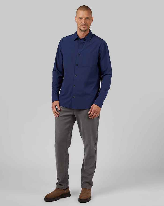 32 Degrees Navy Night _ Men's Stretch Woven Long Sleeve Button-Up {model: Dennis is 6'1", wearing size M}{bottom}{right} {bottom}{right}