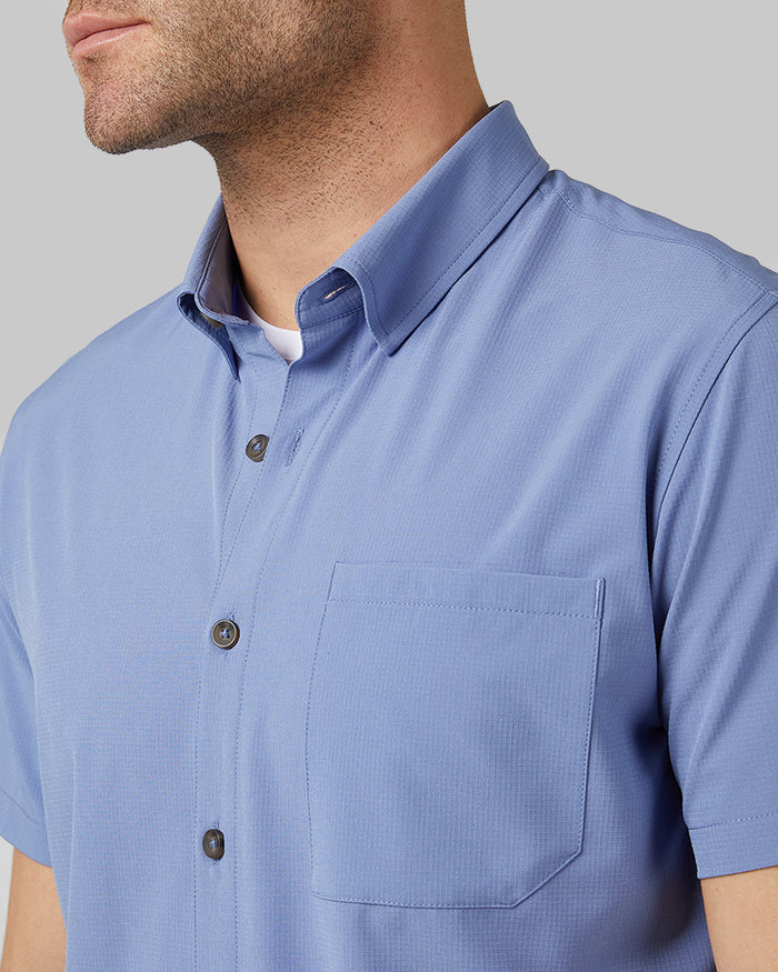 32 Degrees Colony Blue _ Men's Casual short sleeve Dress shirt {model: Ethan is 6'2", wearing size M}{bottom}{right} {bottom}{right}