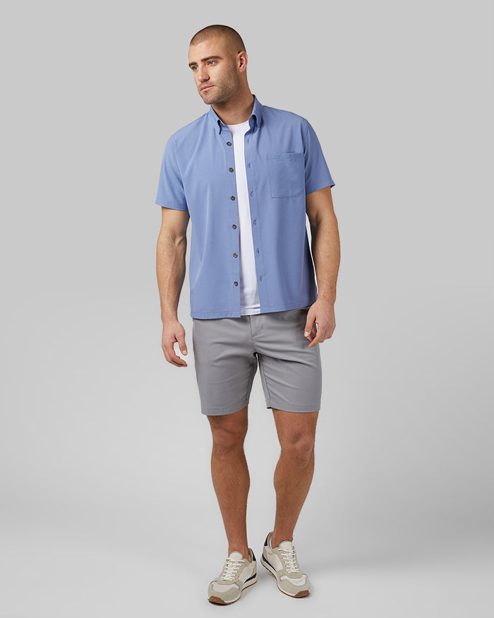 32 Degrees Colony Blue _ Men's Casual short sleeve Dress shirt {model: Ethan is 6'2", wearing size M}{bottom}{right} {bottom}{right}