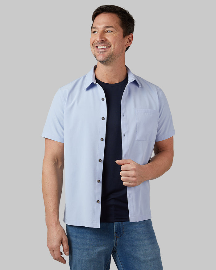 32 Degrees Bel Air Blue _ Men's Casual short sleeve Dress shirt {model: Andrew is 6'2", wearing size M}{bottom}{right} {bottom}{right}