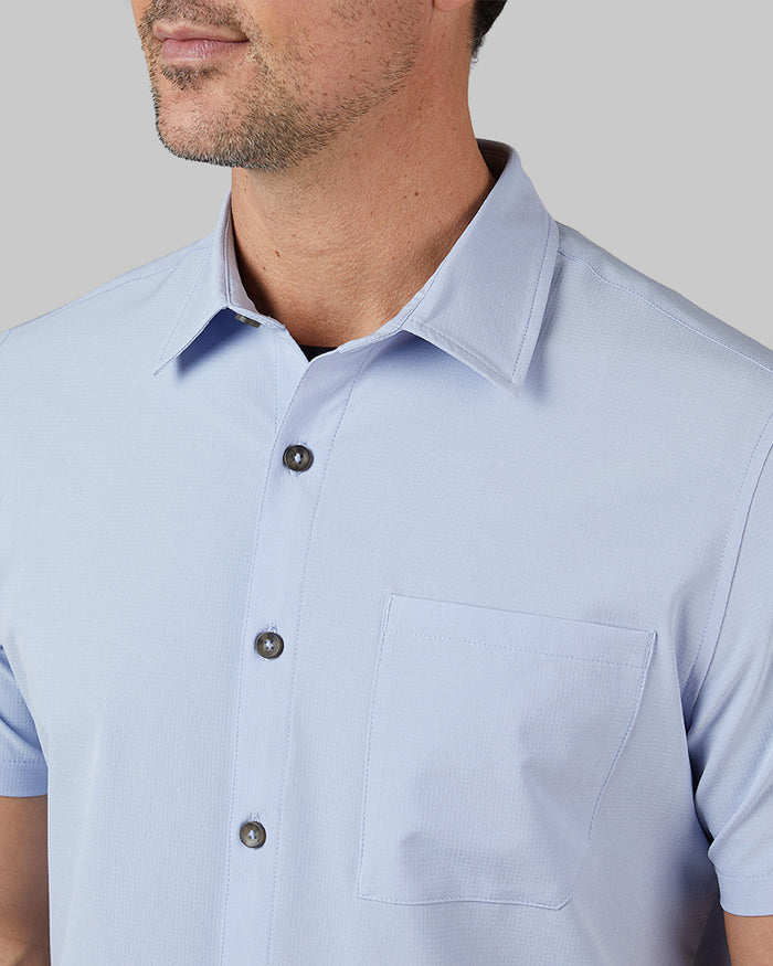 32 Degrees Bel Air Blue _ Men's Casual short sleeve Dress shirt {model: Andrew is 6'2", wearing size M}{bottom}{right} {bottom}{right}