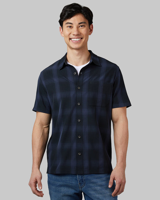 32 Degrees Midnight Plaid _ Men's Casual short sleeve Dress shirt {model: Warwick is 6'1", wearing size M}{bottom}{right} {bottom}{right}
