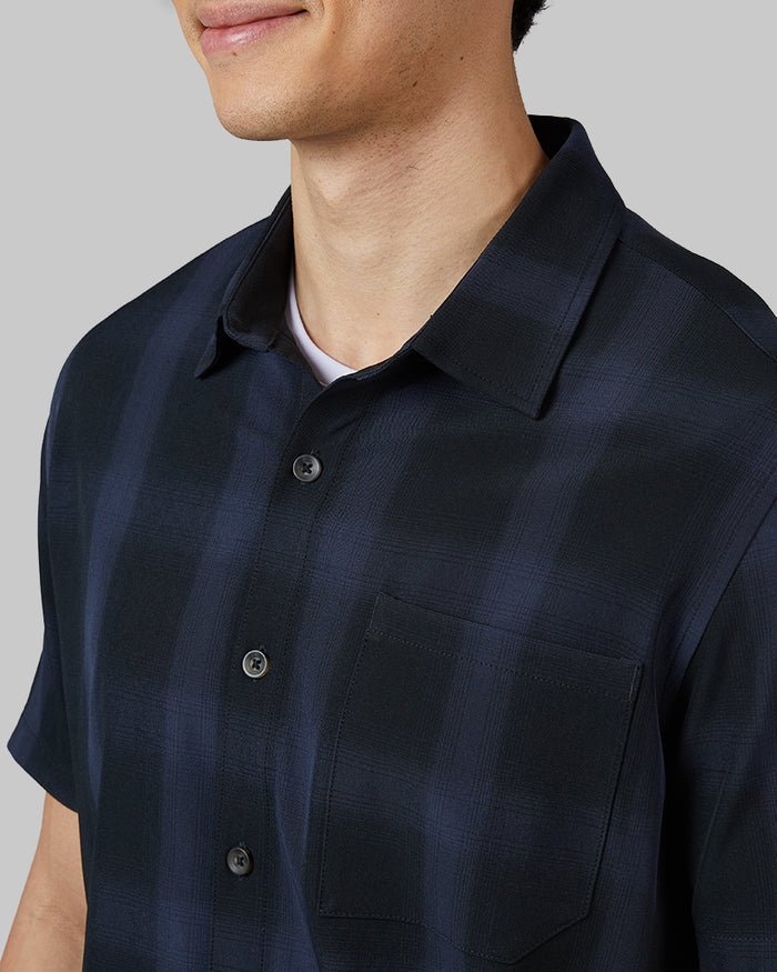 32 Degrees Midnight Plaid _ Men's Casual short sleeve Dress shirt {model: Warwick is 6'1", wearing size M}{bottom}{right} {bottom}{right}