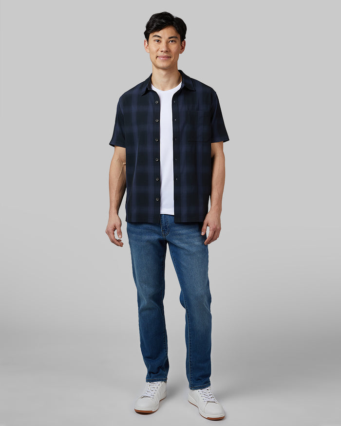 32 Degrees Midnight Plaid _ Men's Casual short sleeve Dress shirt {model: Warwick is 6'1", wearing size M}{bottom}{right} {bottom}{right}