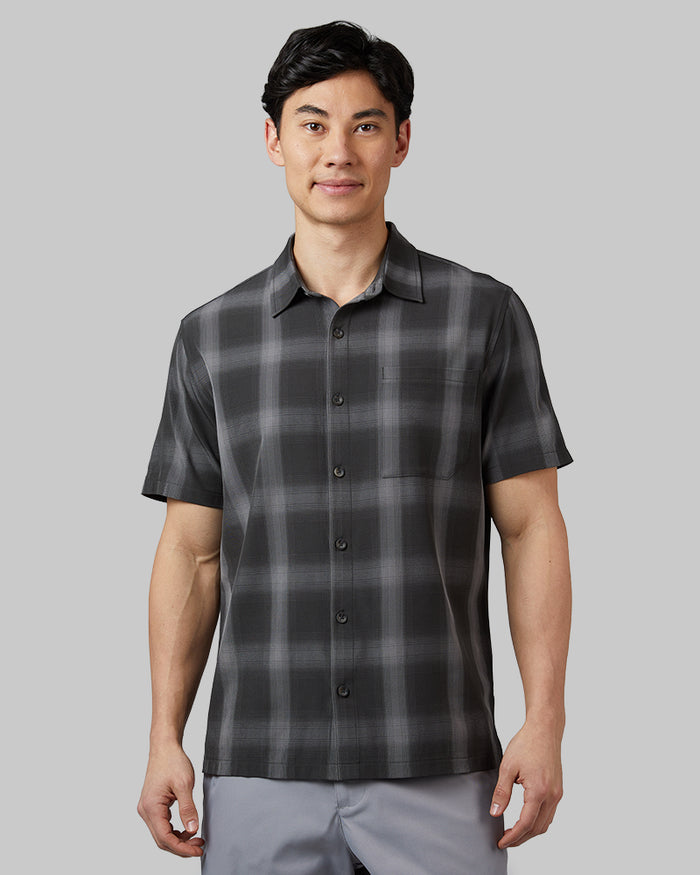 32 Degrees Dark Shadow Plaid _ Men's Casual short sleeve Dress shirt {model: Warwick is 6'1", wearing size M}{bottom}{right} {bottom}{right}